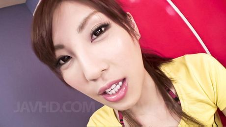 Tall Kana Miura smiles as she sucks her own fingers and begs for a cock. I suck the cock that appears in front of her.