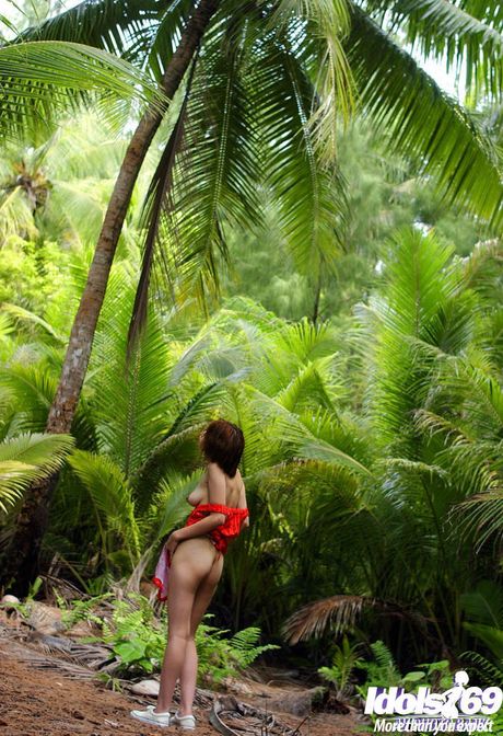 Sexy japanese babe Minami Aikawa denudes big knockers and sexy ass outside